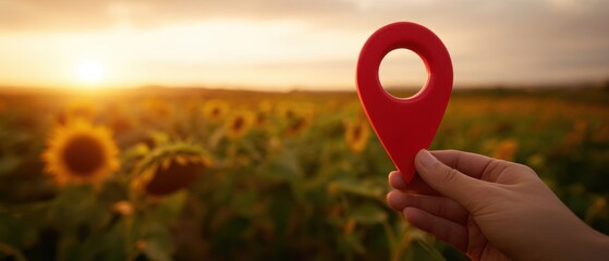 The hand holding a location marker in a sunflower field at sunset