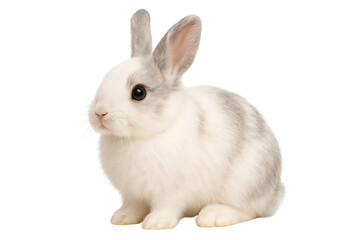 Obraz premium A charming white and grey fluffy rabbit sitting and looking to the side isolated on a transparent background