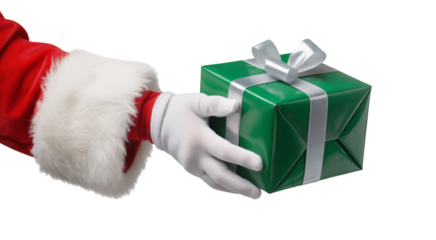 Santa Claus hand offering a beautiful wrapped gift with a silver ribbon for the Holidays transparent background