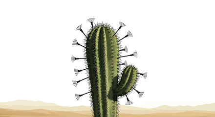 Naklejka premium Desert cactus with wi-fi signal concept in arid landscape