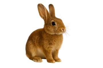 A cute brown fluffy rabbit with long ears and a sweet face sitting and looking to the side isolated on a transparent background