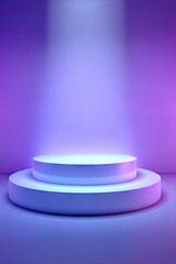 A two-tiered, white cylindrical pedestal is dramatically lit from above by a bright, diffused purple and blue spotlight against a matching wall