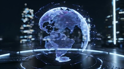 Holographic projection of Earth, surrounded by futuristic cityscape elements, showcasing advanced technology. - Powered by Adobe