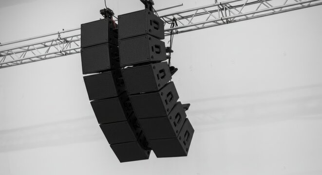 Suspended Sound - A Stark Monochrome View of a Concert Line Array Speaker Rig.