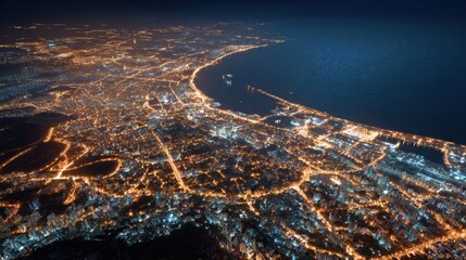coastal city nighttime aerial view