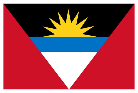 Transparent PNG file of vector graphic of the Antigua flag. Comprised of red blue yellow and black sections, looking like star rising over the sea in the night sky.