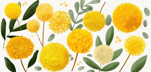 A vibrant arrangement of yellow and cream pom-pom flowers interspersed with dark green leaves on a white background