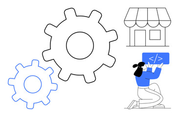 Large and small gears symbolize systems and integration. Next to them, a developer writes code and a storefront represents entrepreneurship. Ideal for technology, innovation, teamwork, coding
