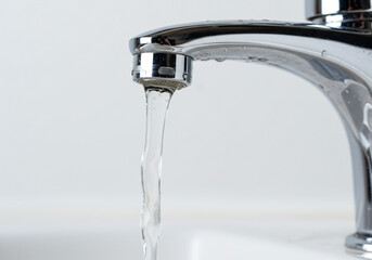 Close-Up of Chrome Faucet with Steady Water Flow Over White Sink