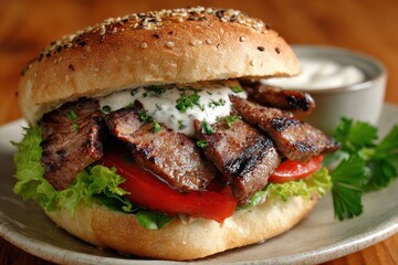 Juicy grilled meat sandwich with fresh vegetables and creamy sauce, perfect for a satisfying meal