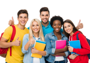 A cheerful and diverse group of young students expressing success and unity, giving thumbs up with bright smiles, symbolizing educational achievement and collaborative spirit.