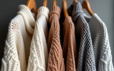 Knitted sweaters in beige, brown, and gray tones hanging on wooden hangers, cozy and warm clothing for cold weather. High quality