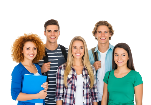 Diverse group of happy and enthusiastic young students ready for academic success and a bright future, standing together with joyful expressions on a plain background.