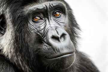Close up of a gorilla face showing detailed skin texture and brown eyes