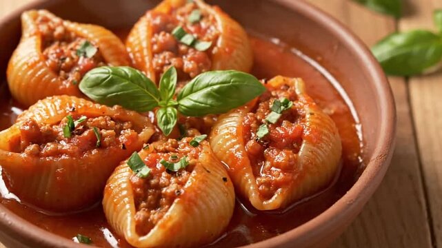 A bowl of stuffed pasta shells with tomato sauce and basil garnish set on a wooden surface