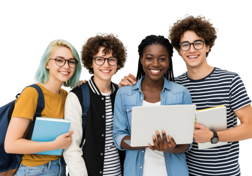 Diverse group of happy university students, showcasing unity, enthusiasm, and readiness for academic success, reflecting a bright future in education and collaborative learning.