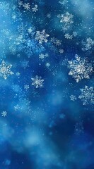 A vibrant blue backdrop features numerous intricately detailed snowflakes of varying sizes, softly blurred for a dreamy, falling-snow effect
