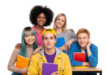 A vibrant and diverse group of enthusiastic young students, ready to collectively tackle their studies, embodies a dynamic collaborative spirit and academic preparation.