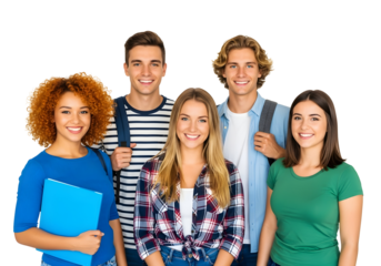 A vibrant and diverse group of young university students radiating confidence, happiness, and optimism, poised for academic success and a bright future.