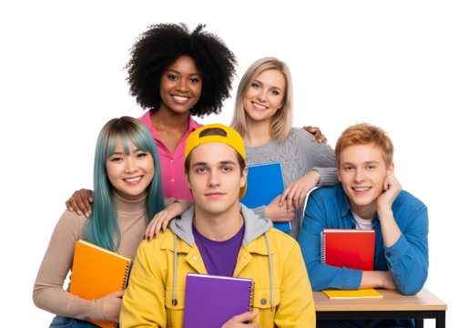 A vibrant and diverse group of enthusiastic young students, ready to collectively tackle their studies, embodies a dynamic collaborative spirit and academic preparation.