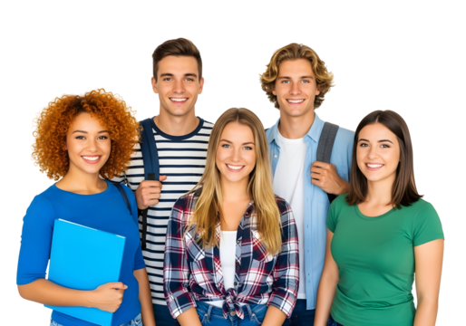 A vibrant and diverse group of young university students radiating confidence, happiness, and optimism, poised for academic success and a bright future.