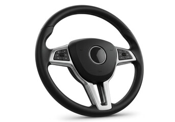 Modern Black Car Steering Wheel with Silver Accents and Integrated Control Buttons