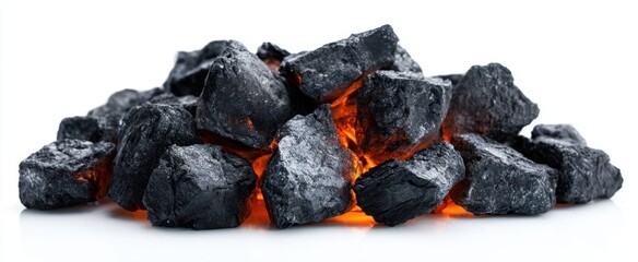 The glowing pile of black coal with embers for heating and energy.