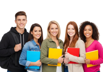 Diverse group of happy young students smiling brightly, ready for their education journey, emphasizing learning and youthful energy as a cohesive unit.