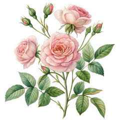 Delicate pink roses and buds with lush green leaves isolated on transparent background