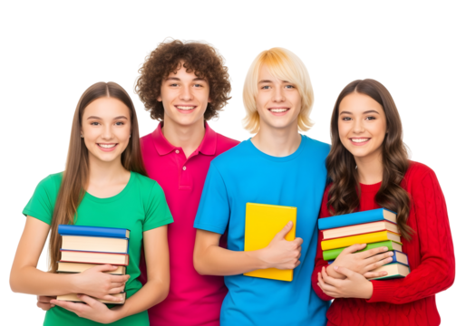 A diverse group of cheerful young students, smiling brightly and holding stacks of books, embodies the spirit of learning, academic success, and the joy of youthful friendships.