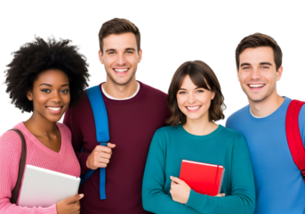 A vibrant and diverse group of four young students, beaming with confidence and holding books, symbolizing their shared pursuit of knowledge and bright academic futures.