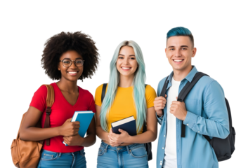 A cheerful and diverse group of motivated students, with backpacks and books in hand, poised to confidently embark on their enriching academic journey towards success.