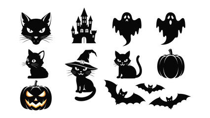 Spooky Halloween Silhouette Collection: A diverse collection of Halloween silhouettes, featuring black cats, eerie ghosts, spooky pumpkins, a haunted house and bats.