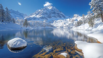 Snowy mountain lake reflection