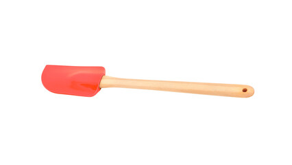 Versatile red silicone kitchen spatula with a smooth wooden handle, an essential baking and cooking tool, isolated on a transparent background.