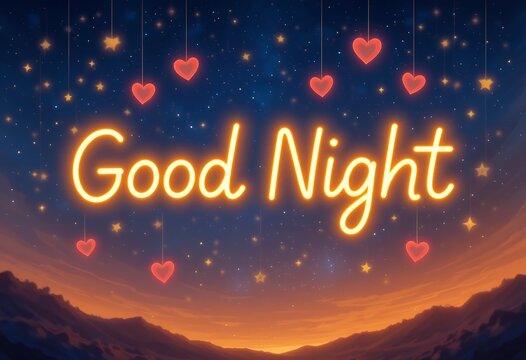 Glowing good night message with hanging heart lights over a starry twilight landscape