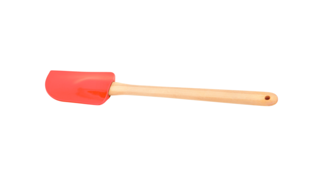 Versatile red silicone kitchen spatula with a smooth wooden handle, an essential baking and cooking tool, isolated on a transparent background.