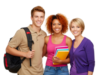 Cheerful and diverse university students smiling brightly, ready for their academic journey, symbolizing youth, education, and friendship on a white background.