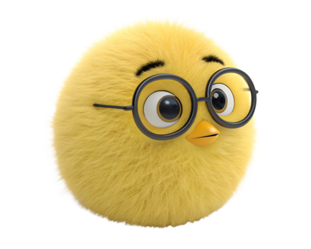 Cute fluffy yellow emoji character with round glasses and curious expression. Adorable cartoon emoticon symbolizing intelligence and wisdom. 3D furry ball illustration for education designs.