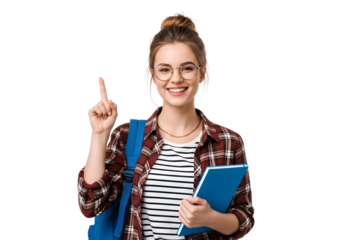 Smiling young woman with glasses and backpack points upwards, representing a bright idea, creative thought, or successful concept for education and innovation.