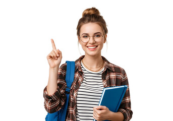 Bright young student beams with a brilliant idea, pointing upwards with enthusiasm, symbolizing innovation and the exciting future of education and learning.