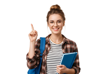 Bright young student beams with a brilliant idea, pointing upwards with enthusiasm, symbolizing innovation and the exciting future of education and learning.