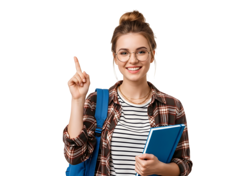 Bright young student beams with a brilliant idea, pointing upwards with enthusiasm, symbolizing innovation and the exciting future of education and learning.