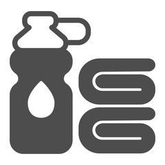 Water bottle and clean towel solid icon, athlete diet food concept. Vector graphics. Bottle and fresh towels pair sign on white background, glyph style icon for mobile or web design.