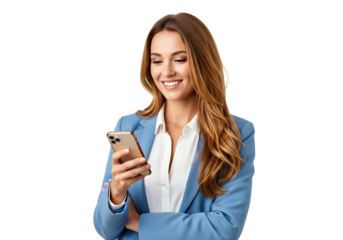 Confident and smiling young businesswoman expertly navigating her smartphone, embodying modern communication and digital efficiency for a productive lifestyle.