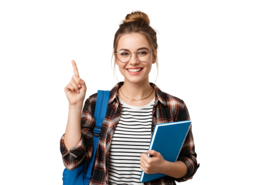 Bright-eyed young female student with an exciting new idea, confidently pointing upwards, ready for academic success and inspiring future possibilities.