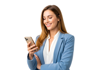 A smiling young woman in a blue blazer joyfully interacts with her mobile phone, reflecting the effortless charm of modern digital communication.
