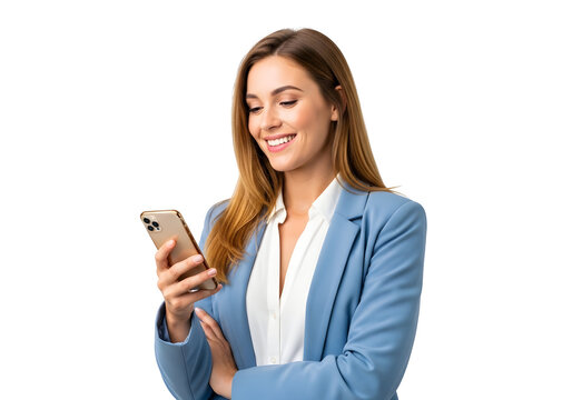 A smiling young woman in a blue blazer joyfully interacts with her mobile phone, reflecting the effortless charm of modern digital communication.