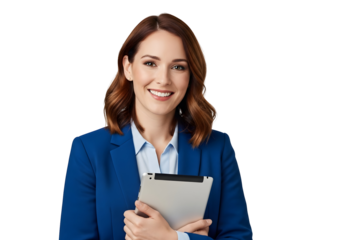Confident businesswoman showcasing modern technology, embodying professional expertise and a welcoming demeanor for digital communication and success.