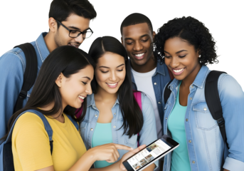 Diverse group of smiling young adults actively engaging with a digital tablet, fostering collaborative learning and shared experiences in a modern educational setting.